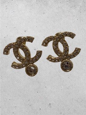 CHANEL Gold CC Logo Crystal Drop Stud Earrings